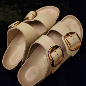 Birkenstock Cream Sandals with Gold Buckles